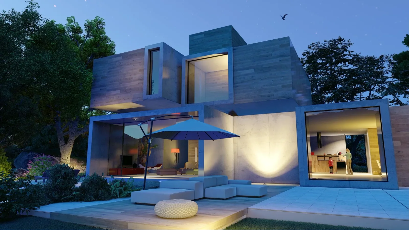 Casa moderna iluminada ao entardecer